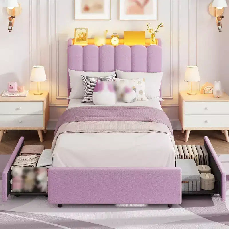 Struttura Letto Singolo con 2 Cassetti, Letto Contenitore con Testiera Ondulata, Letto a Piattaforma Imbottito per Ragazze, Nessuna Rete a Molle Necessaria, Rosa Scuro