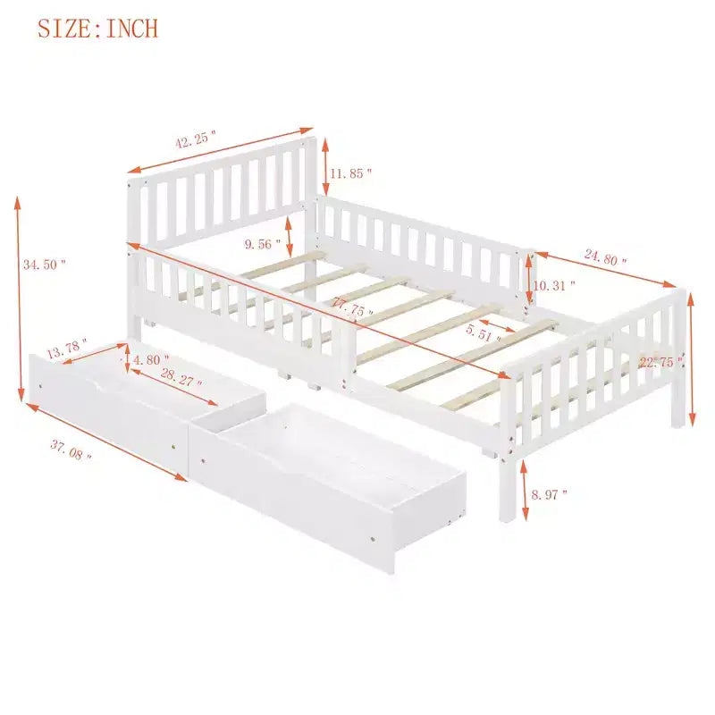 MAYEERTY Letto a Piattaforma in Legno per Materasso Matrimoniale con Sponde su Entrambi i Lati e Due Cassetti Contenitore Bianco