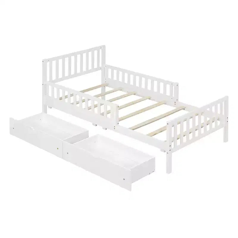MAYEERTY Letto a Piattaforma in Legno per Materasso Matrimoniale con Sponde su Entrambi i Lati e Due Cassetti Contenitore Bianco