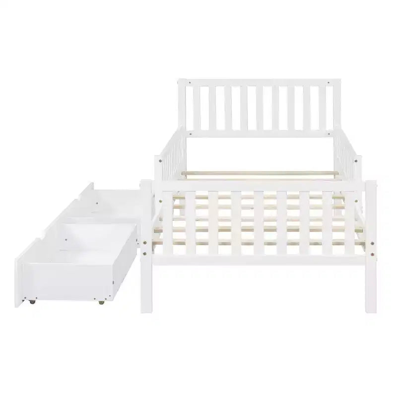 MAYEERTY Letto a Piattaforma in Legno per Materasso Matrimoniale con Sponde su Entrambi i Lati e Due Cassetti Contenitore Bianco