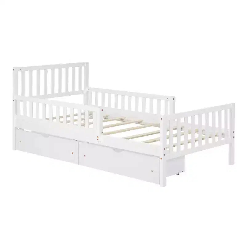 MAYEERTY Letto a Piattaforma in Legno per Materasso Matrimoniale con Sponde su Entrambi i Lati e Due Cassetti Contenitore Bianco