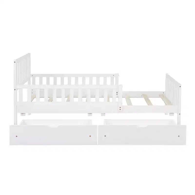 MAYEERTY Letto a Piattaforma in Legno per Materasso Matrimoniale con Sponde su Entrambi i Lati e Due Cassetti Contenitore Bianco