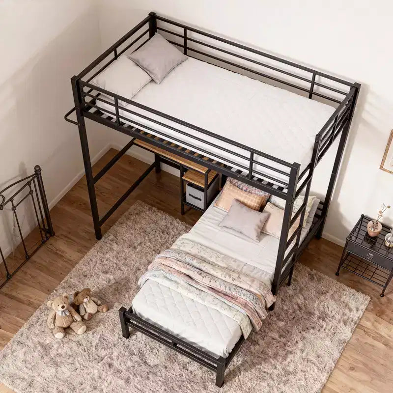 GDFStudio Benson Letto a Castello Moderno in Metallo a Due Piazze a L con Scrivania e Cassetti