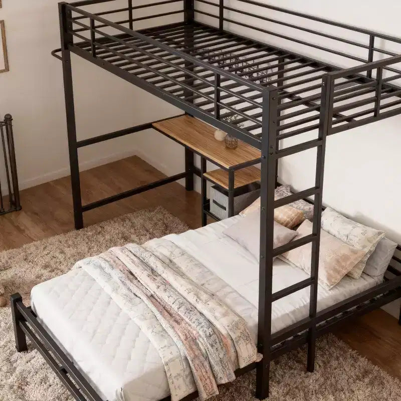 GDFStudio Benson Letto a Castello Moderno in Metallo a Due Piazze a L con Scrivania e Cassetti