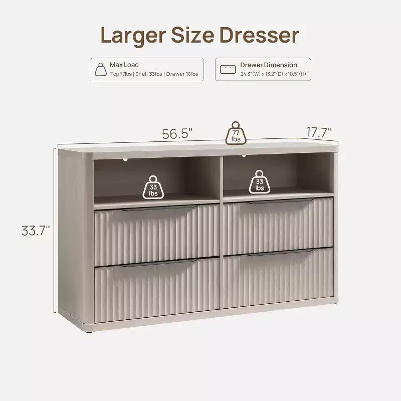 BALHAM TRADE-Comò moderno largo 56,5 cm per camera da letto con 4 cassetti e ripiano aperto scanalato