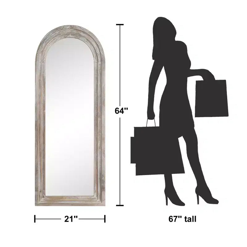 Specchio intero a forma di arco 64x21, rustico, da terra, con cornice in legno massiccio bianco invecchiato, a parete, in stile rustico, per camera da letto e soggiorno