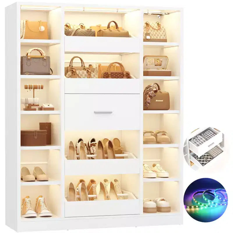 Besiost Mobile Scarpiera in Legno con Luci LED, Organizer Verticale con Cassetto e Ripiani