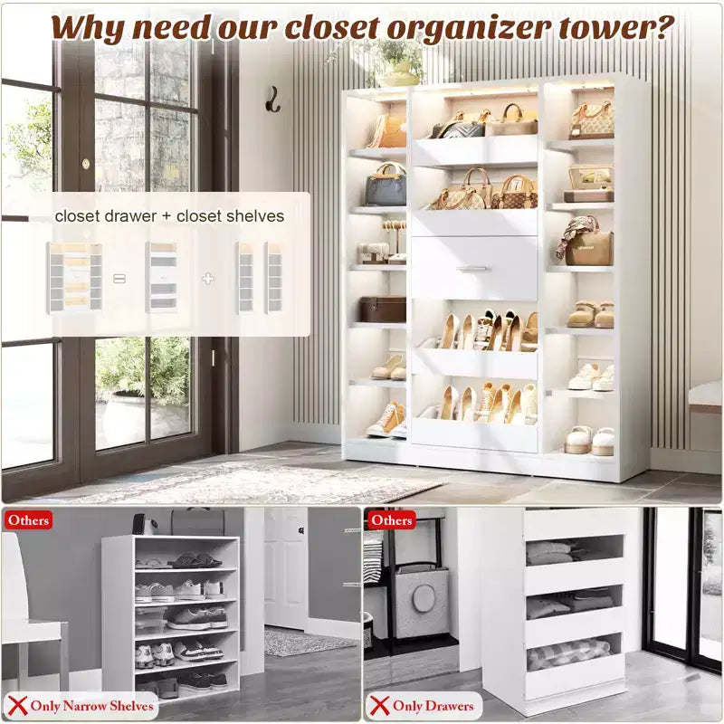 Besiost Mobile Scarpiera in Legno con Luci LED, Organizer Verticale con Cassetto e Ripiani