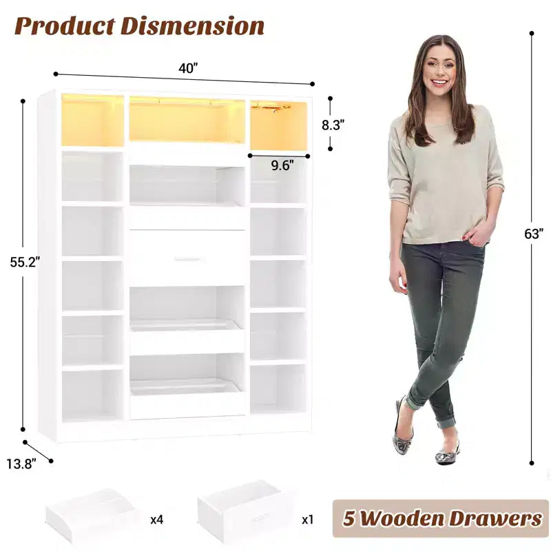 Besiost Mobile Scarpiera in Legno con Luci LED, Organizer Verticale con Cassetto e Ripiani