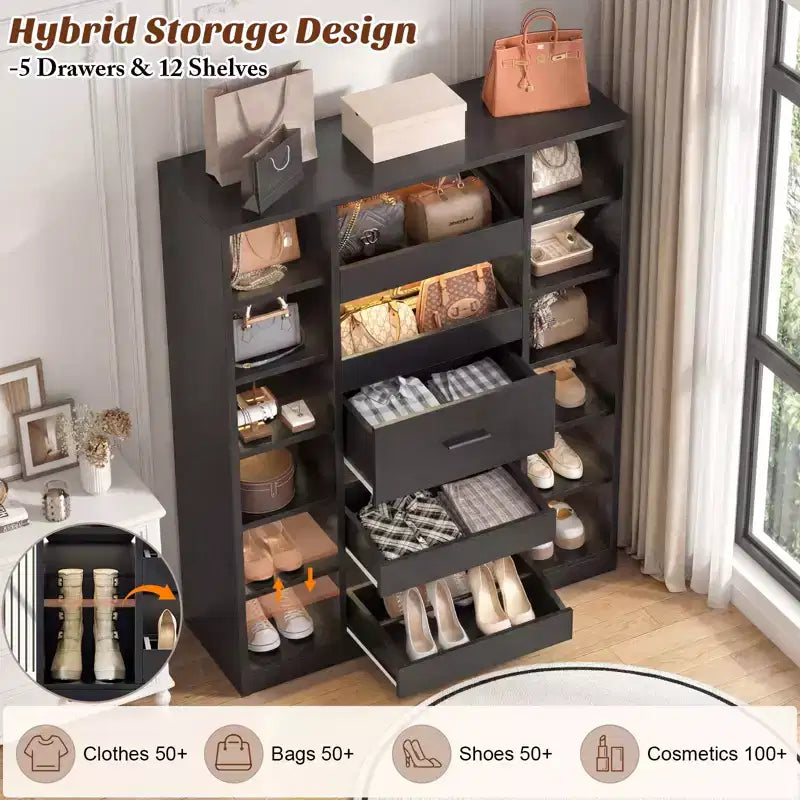 Besiost Mobile Scarpiera in Legno con Luci LED, Organizer Verticale con Cassetto e Ripiani