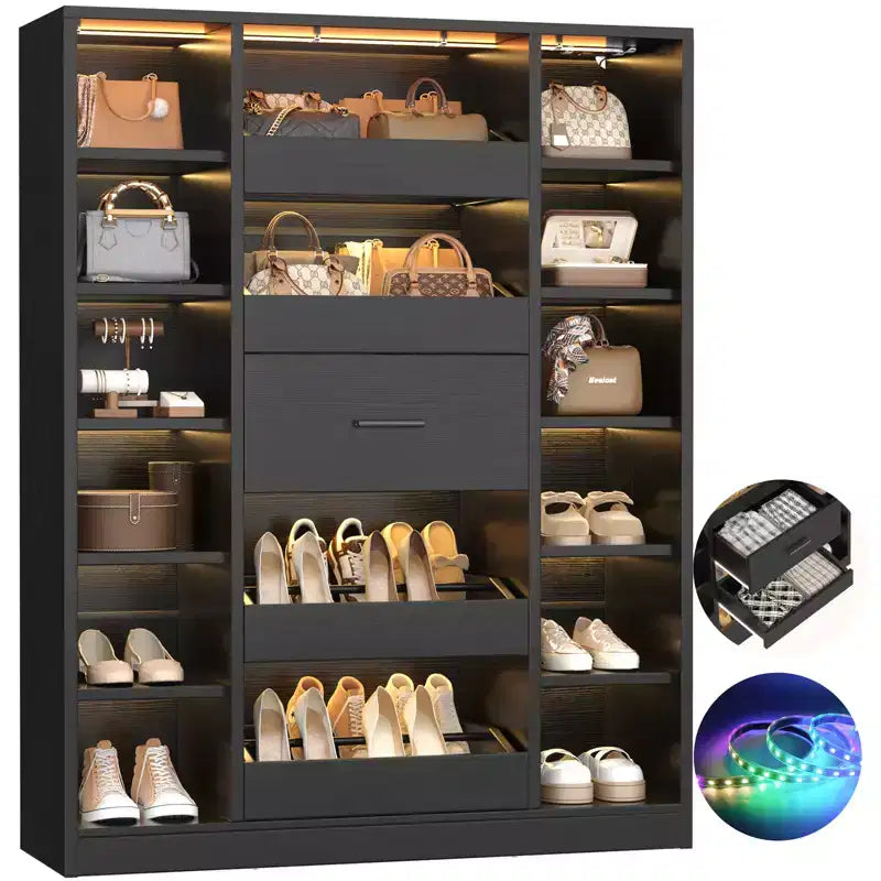 Besiost Mobile Scarpiera in Legno con Luci LED, Organizer Verticale con Cassetto e Ripiani