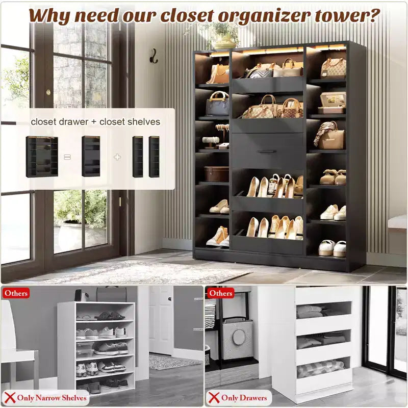 Besiost Mobile Scarpiera in Legno con Luci LED, Organizer Verticale con Cassetto e Ripiani