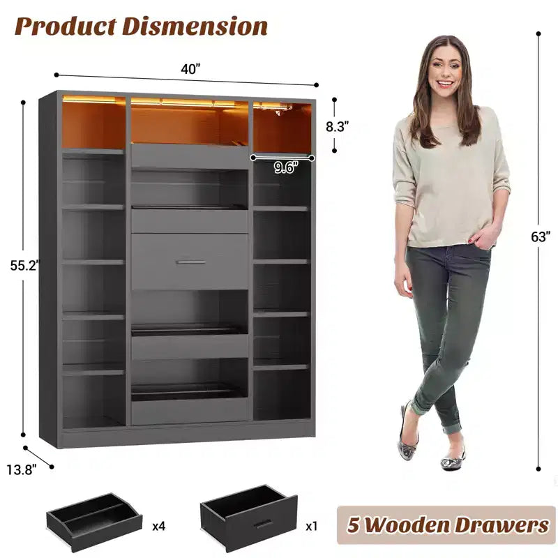 Besiost Mobile Scarpiera in Legno con Luci LED, Organizer Verticale con Cassetto e Ripiani