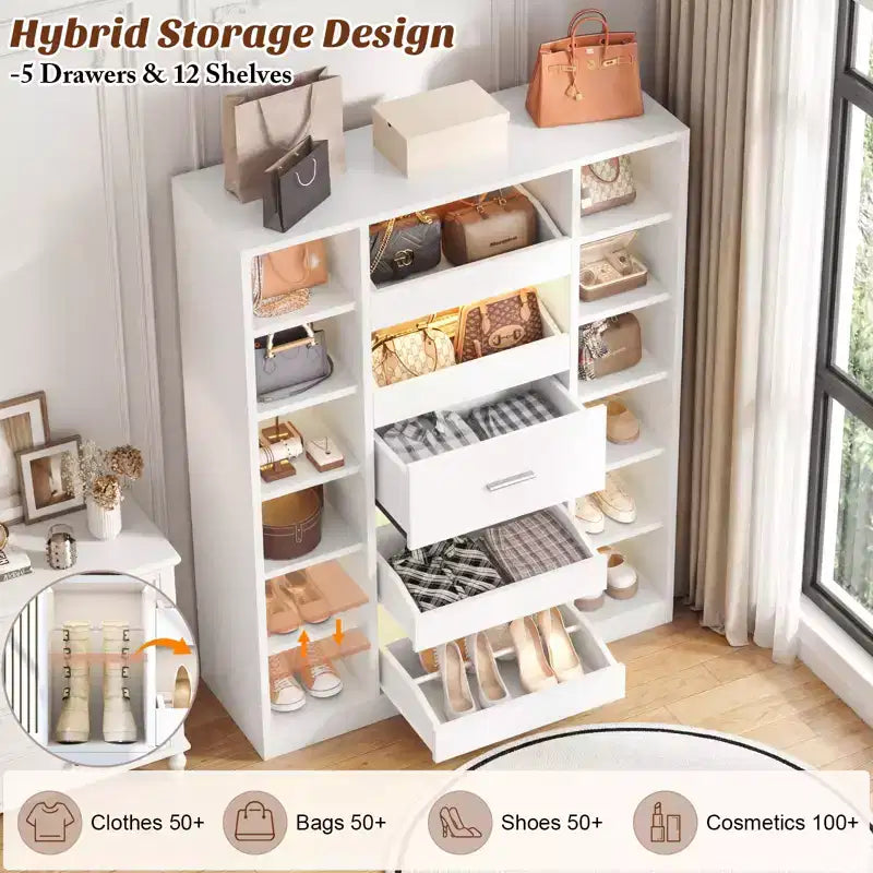 Besiost Mobile Scarpiera in Legno con Luci LED, Organizer Verticale con Cassetto e Ripiani
