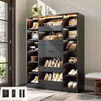 Besiost Wooden Shoes Cabinet with Led Lights, Freestanding Closet Organizer with Drawer and Shelves