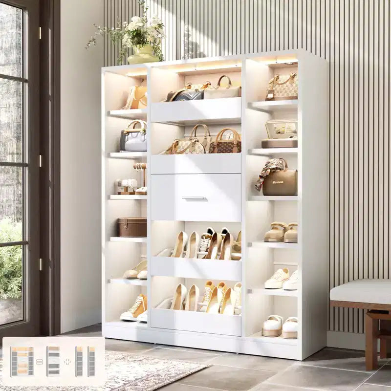 Besiost Mobile Scarpiera in Legno con Luci LED, Organizer Verticale con Cassetto e Ripiani
