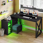 Black 55inch L Shaped Desk Reversible Corner Computer Desk with Drawers & LED Lights with 4 Glass Open Storage Shelves