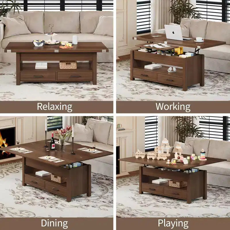 Tavolino da caffè con ripiano sollevabile 40, design convertibile multifunzione con cassetti e scomparto nascosto, trasformabile in tavolo da pranzo per soggiorno