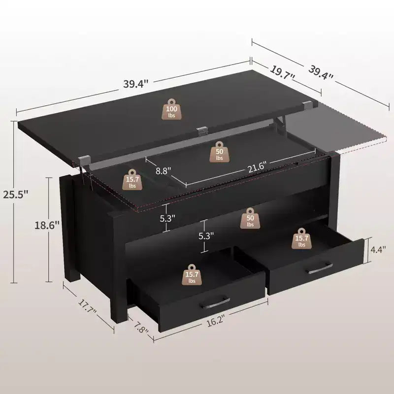 Tavolino da caffè con ripiano sollevabile 40, design convertibile multifunzione con cassetti e scomparto nascosto, trasformabile in tavolo da pranzo per soggiorno