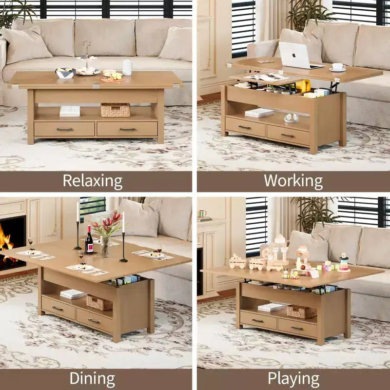 Tavolino da caffè con ripiano sollevabile 40, design convertibile multifunzione con cassetti e scomparto nascosto, trasformabile in tavolo da pranzo per soggiorno