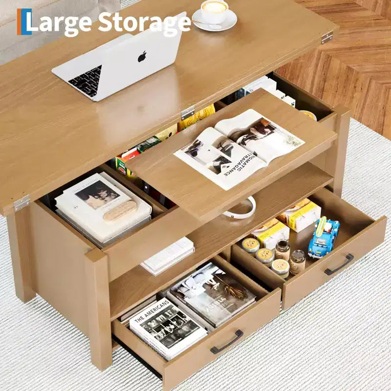 Tavolino da caffè con ripiano sollevabile 40, design convertibile multifunzione con cassetti e scomparto nascosto, trasformabile in tavolo da pranzo per soggiorno