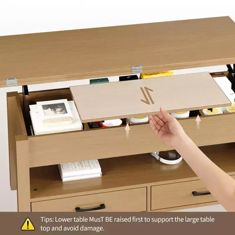 Tavolino da caffè con ripiano sollevabile 40, design convertibile multifunzione con cassetti e scomparto nascosto, trasformabile in tavolo da pranzo per soggiorno