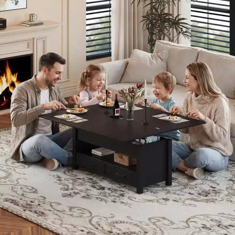 Tavolino da caffè con ripiano sollevabile 40, design convertibile multifunzione con cassetti e scomparto nascosto, trasformabile in tavolo da pranzo per soggiorno