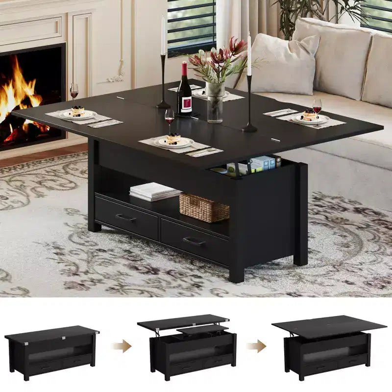 Tavolino da caffè con ripiano sollevabile 40, design convertibile multifunzione con cassetti e scomparto nascosto, trasformabile in tavolo da pranzo per soggiorno