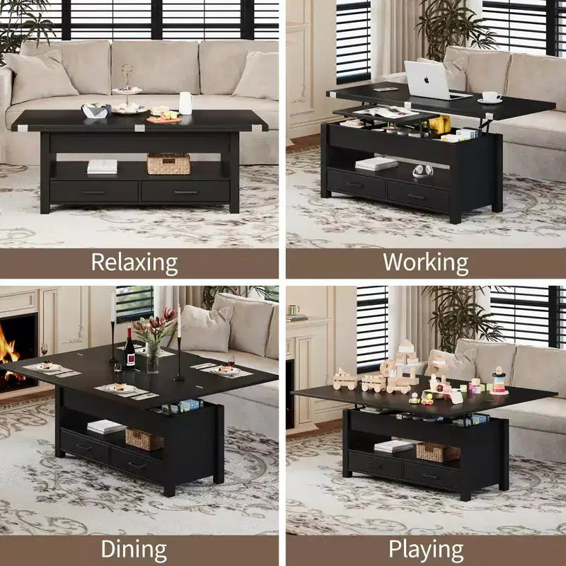 Tavolino da caffè con ripiano sollevabile 40, design convertibile multifunzione con cassetti e scomparto nascosto, trasformabile in tavolo da pranzo per soggiorno