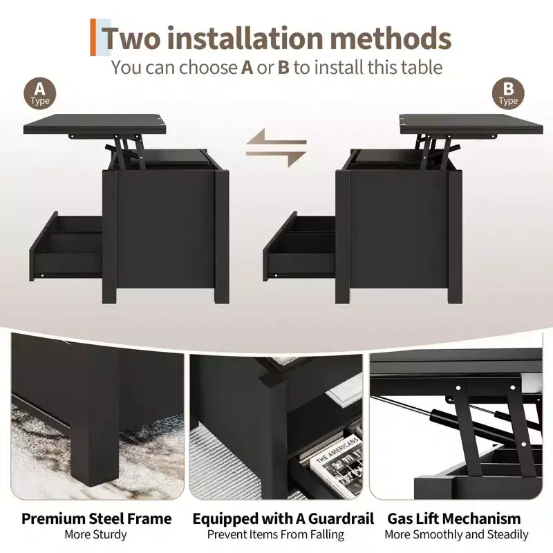 Tavolino da caffè con ripiano sollevabile 40, design convertibile multifunzione con cassetti e scomparto nascosto, trasformabile in tavolo da pranzo per soggiorno
