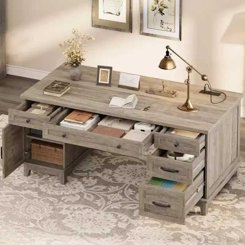 Scrivania extra-large per due persone con stazione di ricarica, spazio regolabile e cassetti per archivio, ideale per ufficio domestico condiviso e studio