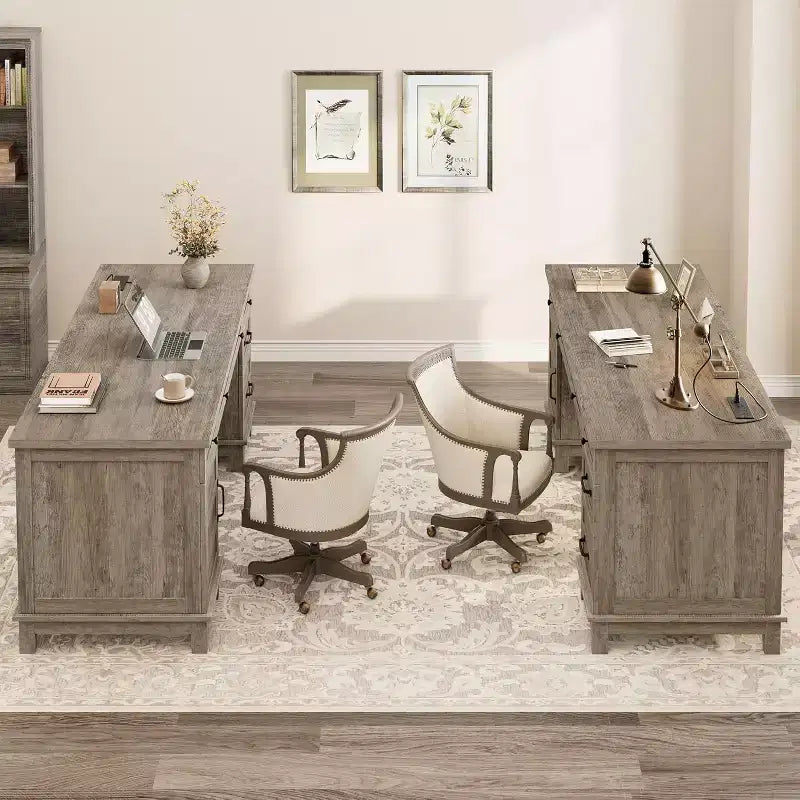 Scrivania extra-large per due persone con stazione di ricarica, spazio regolabile e cassetti per archivio, ideale per ufficio domestico condiviso e studio