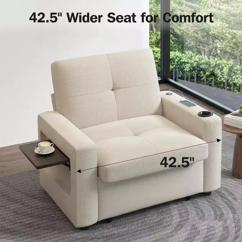 Divano letto Dyonery 3 in 1, largo 42,5 pollici, convertibile estraibile con schienale regolabile, porte di ricarica USB, tavolino laterale e portabicchieri