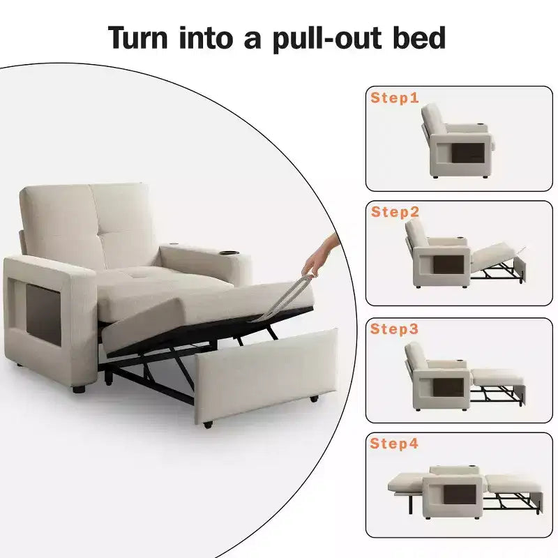 Divano letto Dyonery 3 in 1, largo 42,5 pollici, convertibile estraibile con schienale regolabile, porte di ricarica USB, tavolino laterale e portabicchieri