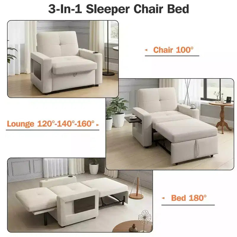Divano letto Dyonery 3 in 1, largo 42,5 pollici, convertibile estraibile con schienale regolabile, porte di ricarica USB, tavolino laterale e portabicchieri