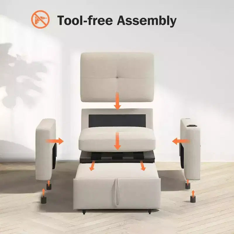 Divano letto Dyonery 3 in 1, largo 42,5 pollici, convertibile estraibile con schienale regolabile, porte di ricarica USB, tavolino laterale e portabicchieri