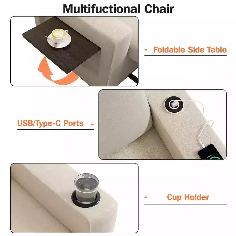 Divano letto Dyonery 3 in 1, largo 42,5 pollici, convertibile estraibile con schienale regolabile, porte di ricarica USB, tavolino laterale e portabicchieri