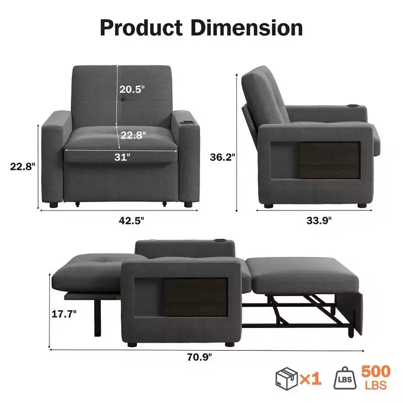 Divano letto Dyonery 3 in 1, largo 42,5 pollici, convertibile estraibile con schienale regolabile, porte di ricarica USB, tavolino laterale e portabicchieri