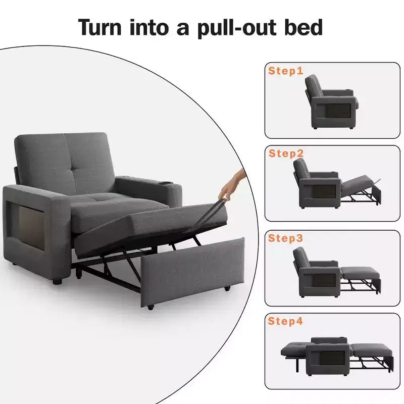 Divano letto Dyonery 3 in 1, largo 42,5 pollici, convertibile estraibile con schienale regolabile, porte di ricarica USB, tavolino laterale e portabicchieri
