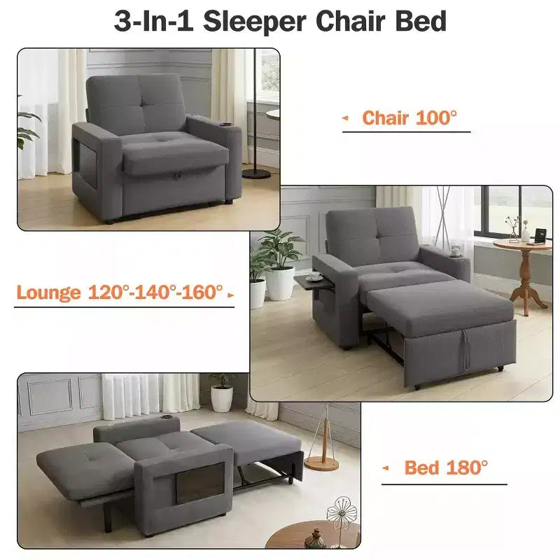 Divano letto Dyonery 3 in 1, largo 42,5 pollici, convertibile estraibile con schienale regolabile, porte di ricarica USB, tavolino laterale e portabicchieri