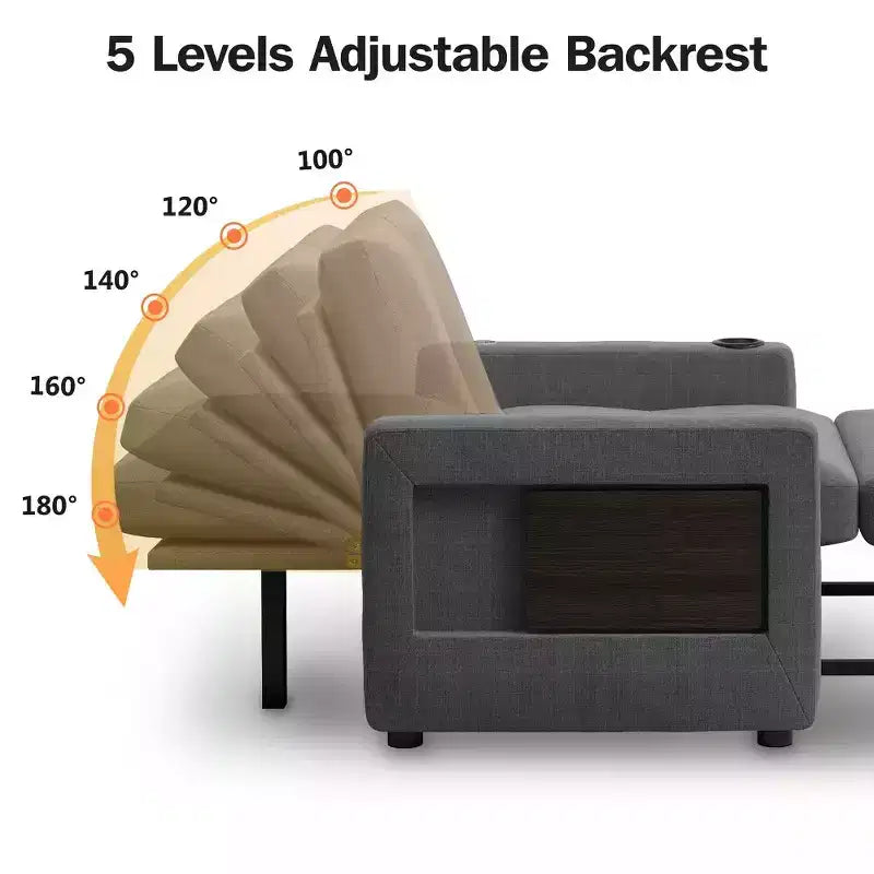 Divano letto Dyonery 3 in 1, largo 42,5 pollici, convertibile estraibile con schienale regolabile, porte di ricarica USB, tavolino laterale e portabicchieri