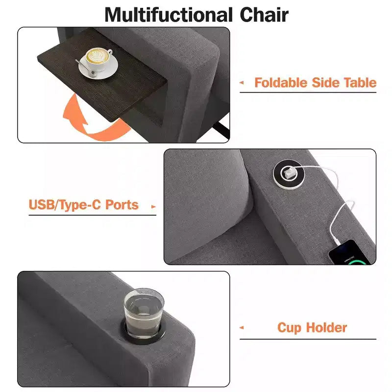 Divano letto Dyonery 3 in 1, largo 42,5 pollici, convertibile estraibile con schienale regolabile, porte di ricarica USB, tavolino laterale e portabicchieri