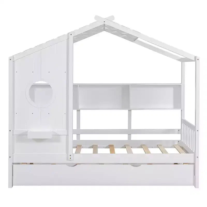 Letto a capanna MAYEERTY per bambini, una piazza e mezza, con letto estraibile e ripiano contenitore, design moderno, per camera da letto, bianco