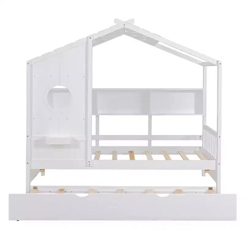 Letto a capanna MAYEERTY per bambini, una piazza e mezza, con letto estraibile e ripiano contenitore, design moderno, per camera da letto, bianco