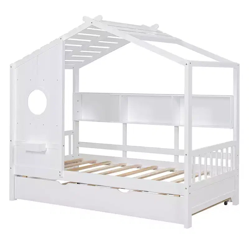 Letto a capanna MAYEERTY per bambini, una piazza e mezza, con letto estraibile e ripiano contenitore, design moderno, per camera da letto, bianco