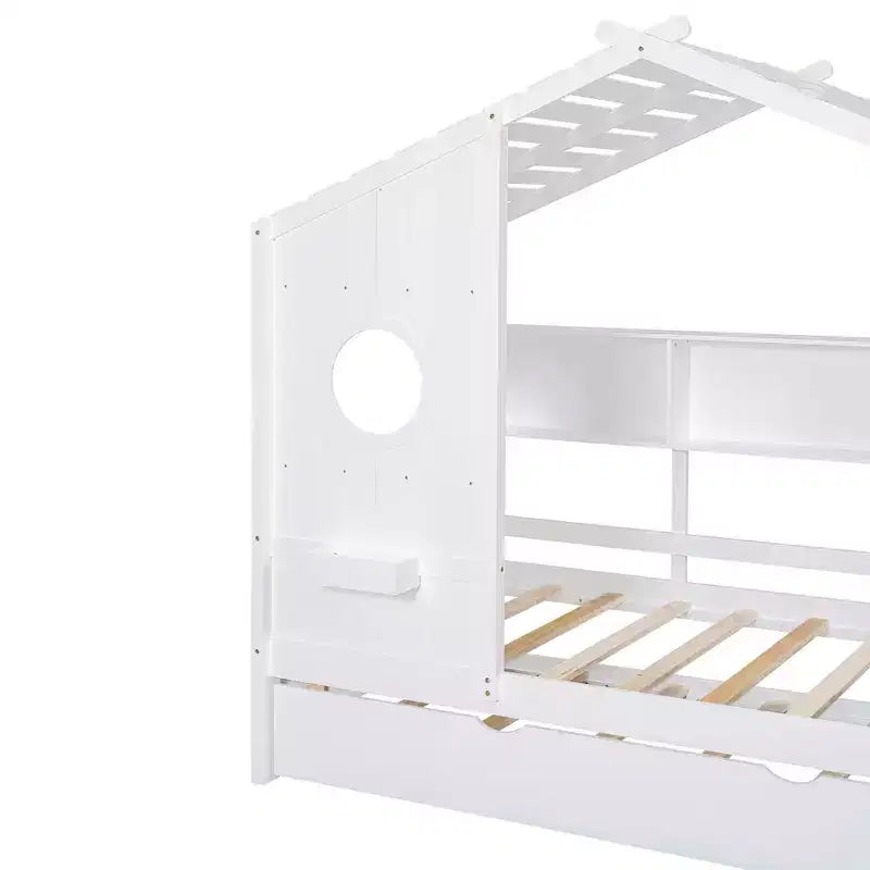 Letto a capanna MAYEERTY per bambini, una piazza e mezza, con letto estraibile e ripiano contenitore, design moderno, per camera da letto, bianco
