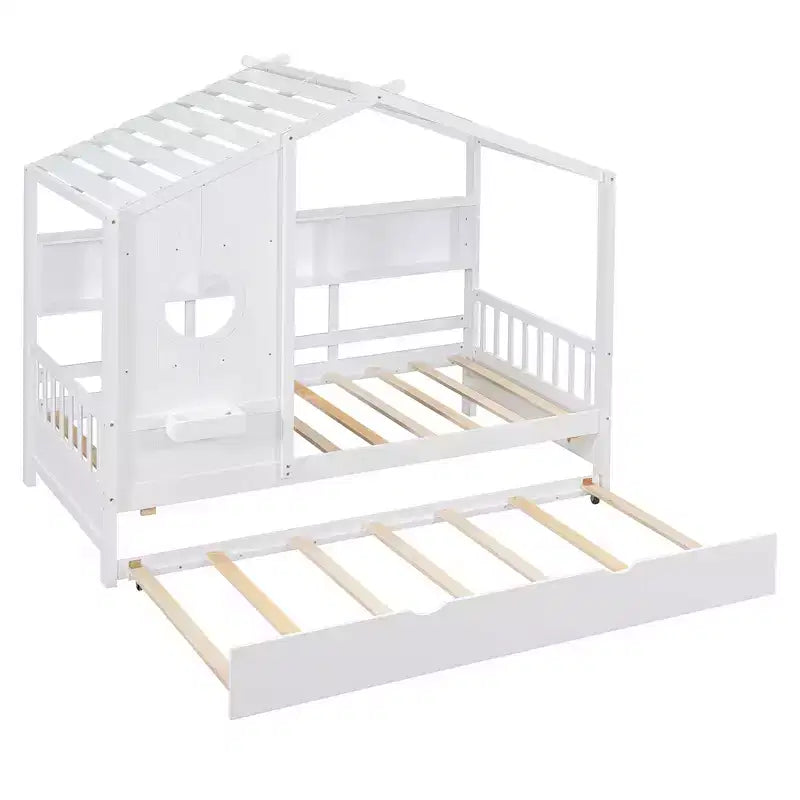 Letto a capanna MAYEERTY per bambini, una piazza e mezza, con letto estraibile e ripiano contenitore, design moderno, per camera da letto, bianco