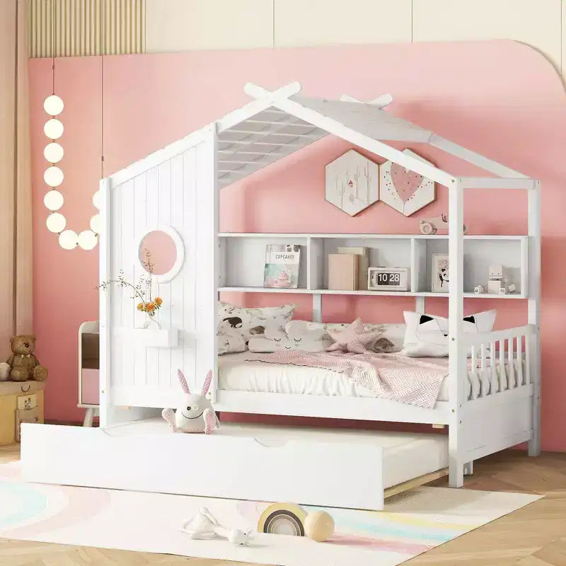 Letto a capanna MAYEERTY per bambini, una piazza e mezza, con letto estraibile e ripiano contenitore, design moderno, per camera da letto, bianco