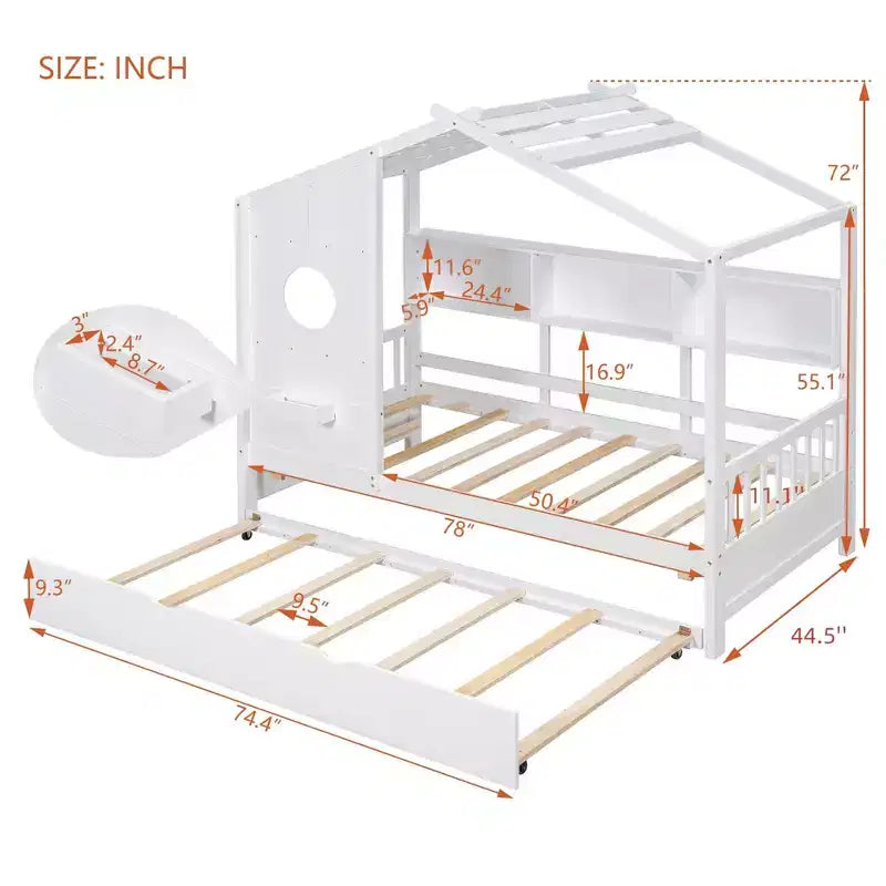 Letto a capanna MAYEERTY per bambini, una piazza e mezza, con letto estraibile e ripiano contenitore, design moderno, per camera da letto, bianco