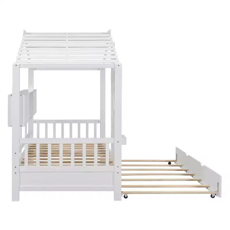 Letto a capanna MAYEERTY per bambini, una piazza e mezza, con letto estraibile e ripiano contenitore, design moderno, per camera da letto, bianco